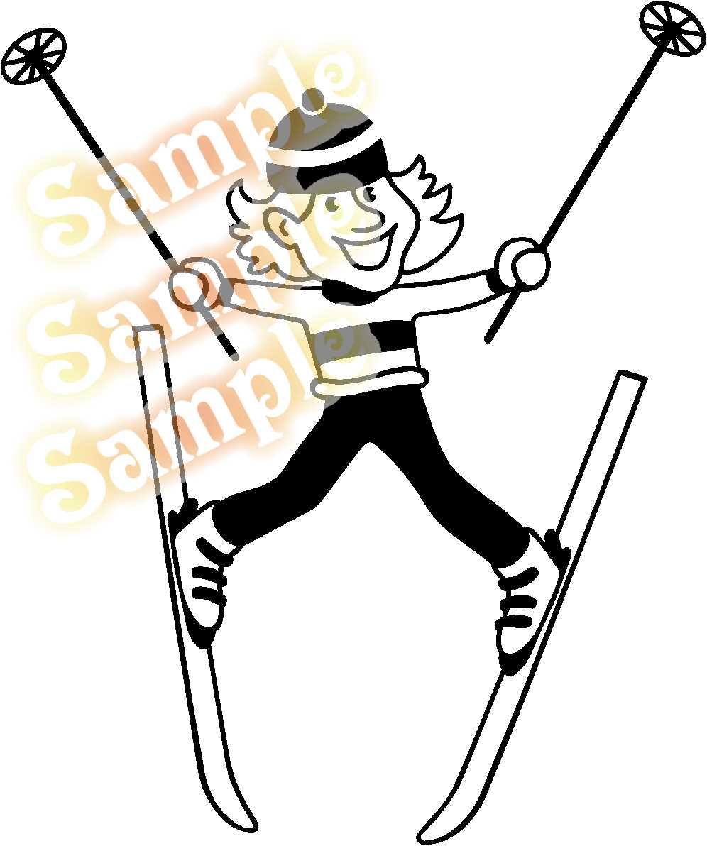 Girl skier wall decal with skis and pole, wearing striped outfit and goggles.