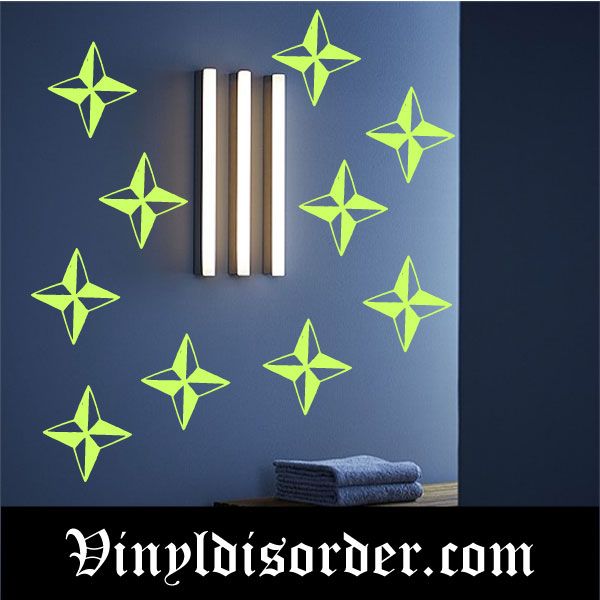 Glow-in-the-dark star wall decals, green vinyl die-cuts