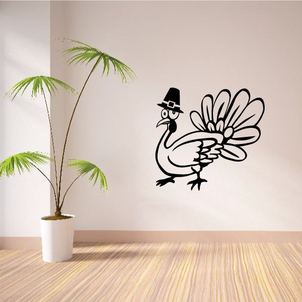Goofy turkey decal: black outline turkey with top hat and flowered tail