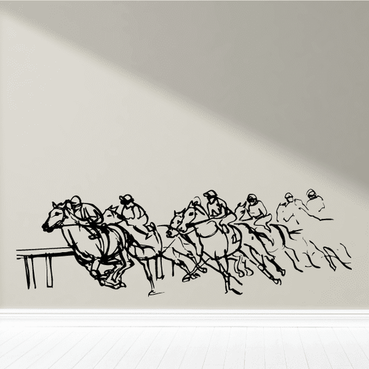 Horse racing decal with jockeys and galloping horses in black line art