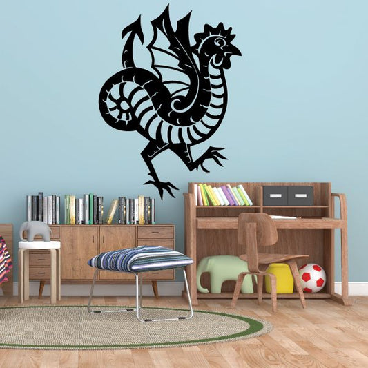 Black dragon wall decal with coiled tail and clawed stance