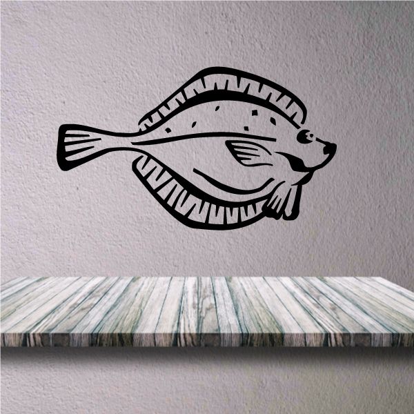 Stylized halibut fish decal, black outline with white interior and speckled details