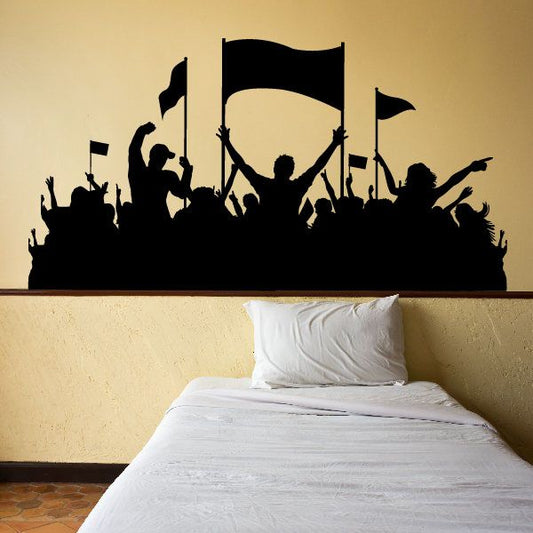 Crowd of fans wall decal with waving flags and raised hands silhouette