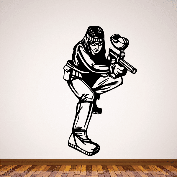 Paintball player decal: smiling player aiming a paintball marker, black-and-white