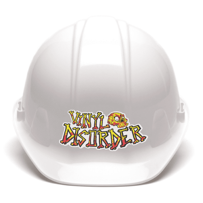 A hard hat adorned with a sticker that reads "Wino Distiller"