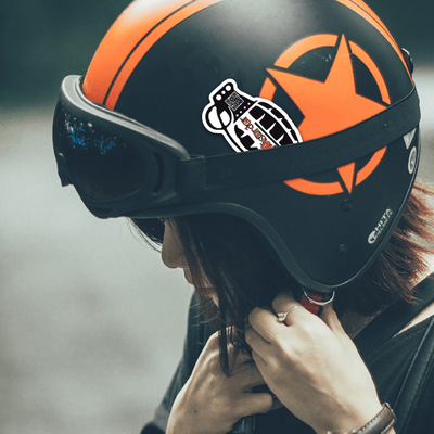 Variety of helmet stickers on display