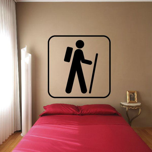 Hiking sign decal with black walker pictogram in rounded square outline
