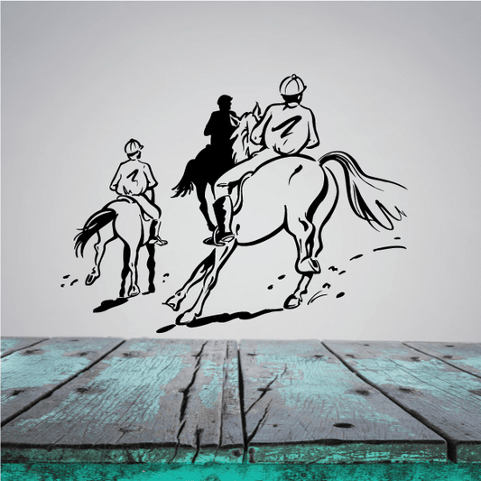 Horse racing vinyl decal with black horse and jockey riders silhouettes