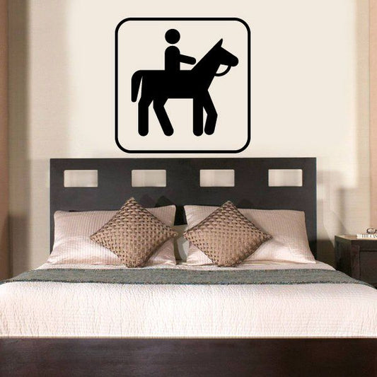 Horseback riding sign decal with black rider on horseback icon in rounded square