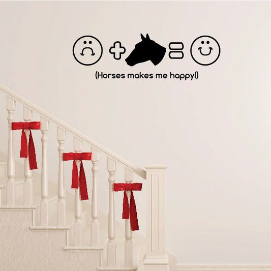 Wall decal: black horse, smiley faces, and 'Horses make me happy!'