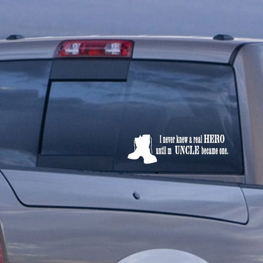 Car window decal with white quote text and horse silhouette