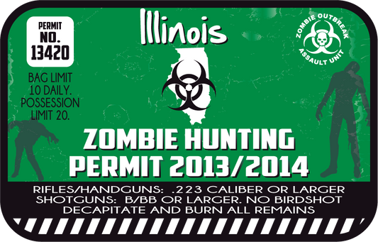 Zombie hunting permit sticker with green biohazard icon, permit No. 13420 text