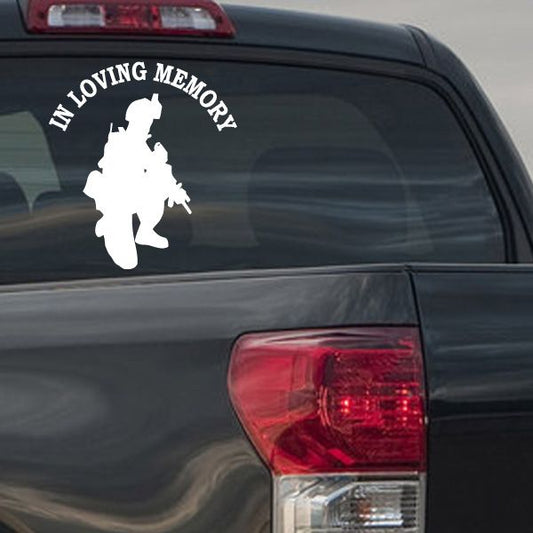 Car rear window memorial decal with soldier silhouette and "In Loving Memory" text