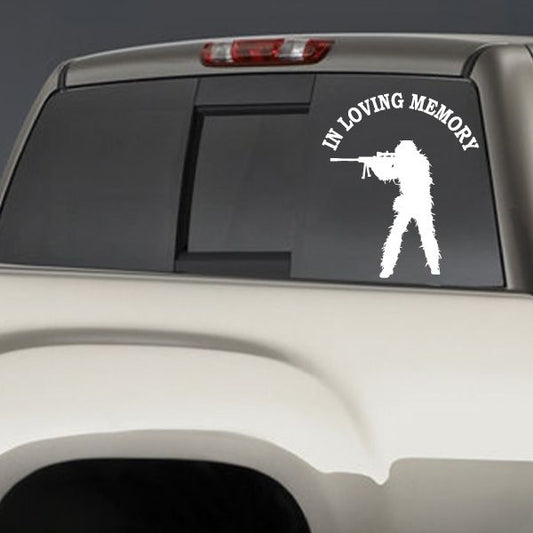 In Loving Memory soldier car decal with white silhouette and circular text