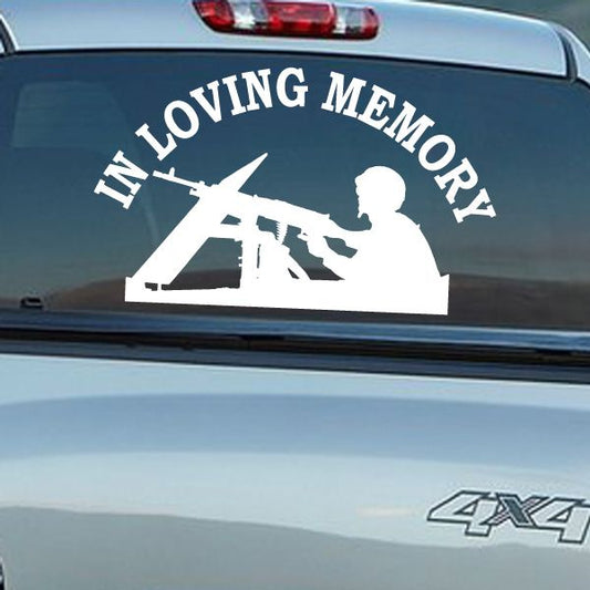Memorial car decal: 'In Loving Memory' text and soldier rifle silhouette, white
