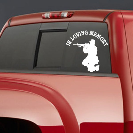 Memorial soldier car decal with 'In Loving Memory' text and kneeling silhouette