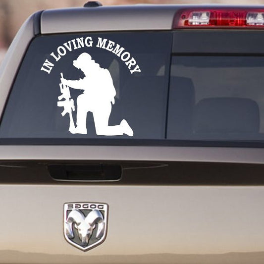 White kneeling soldier silhouette with "In Loving Memory" text custom car decal