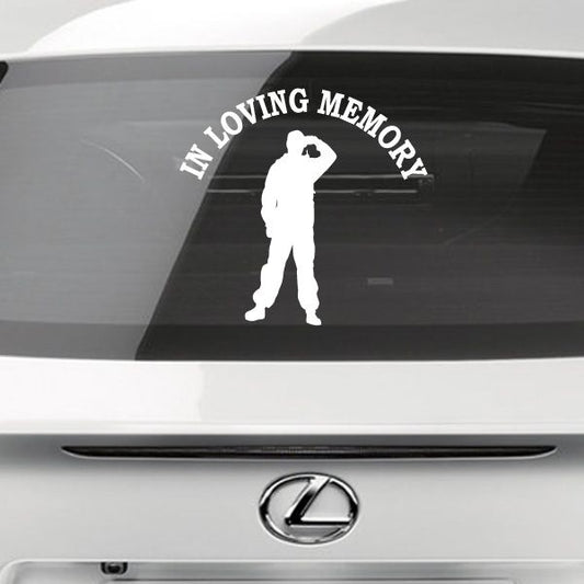 Custom memorial soldier car decal with arched text and white silhouette holding rifle