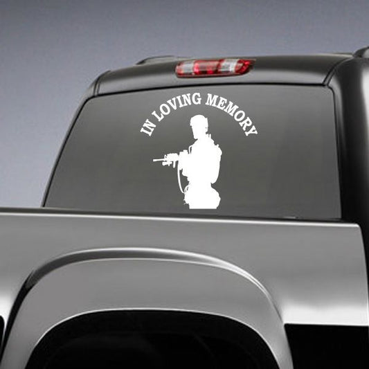 Memorial soldier car decal with 'In Loving Memory' and gun silhouette