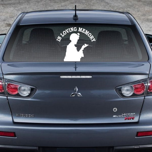 Car rear window decal: angel-soldier silhouette, "IN LOVING MEMORY" text