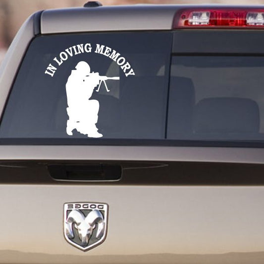 Car window decal: soldier silhouette and "IN LOVING MEMORY" wording