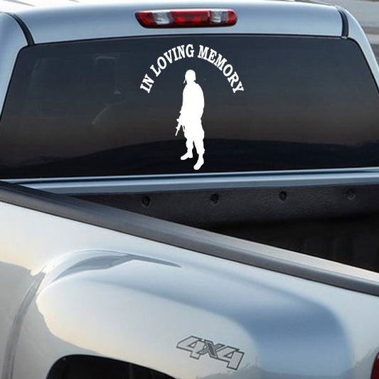 Car decal with soldier silhouette and IN LOVING MEMORY text