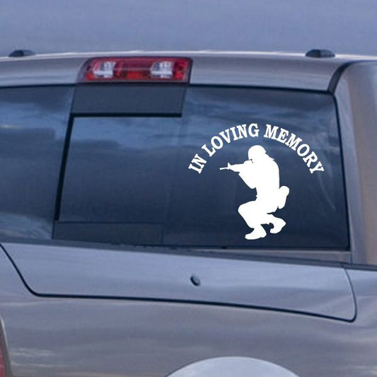 In loving memory soldier car decal with white text and kneeling rifle silhouette