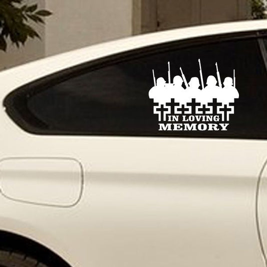 Custom car decal with soldier silhouettes and 'In loving memory' lettering