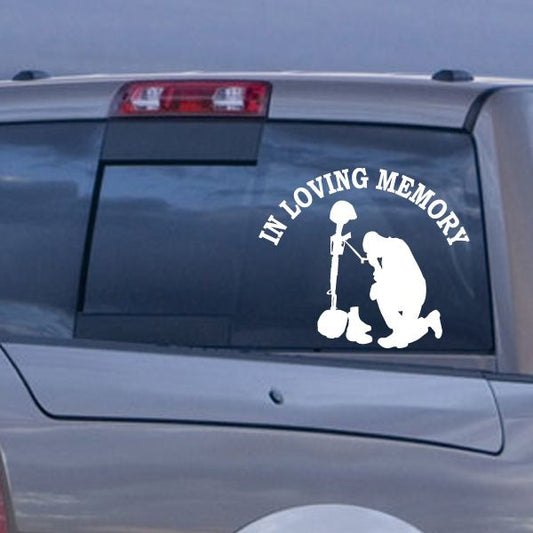 Praying soldier memorial car decal with white silhouette and curved text
