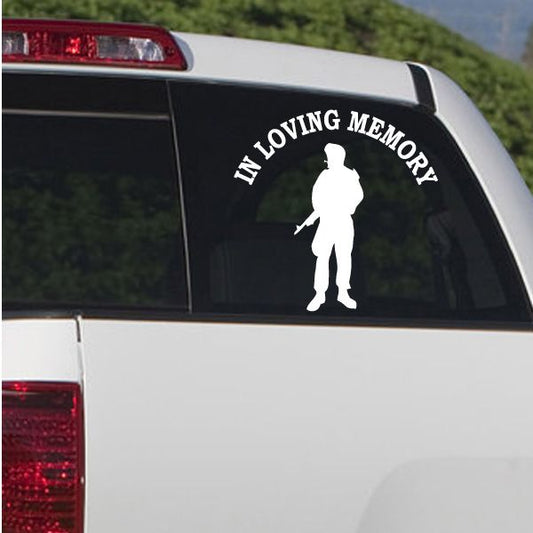Custom car window decal: white soldier silhouette with 'IN LOVING MEMORY' text