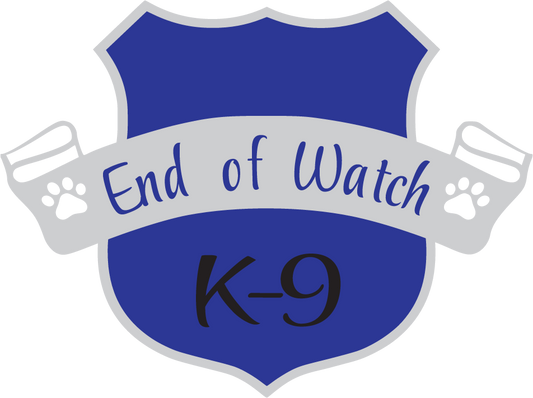 Blue shield-shaped sticker with ribbon text 'End of Watch' and 'K-9'
