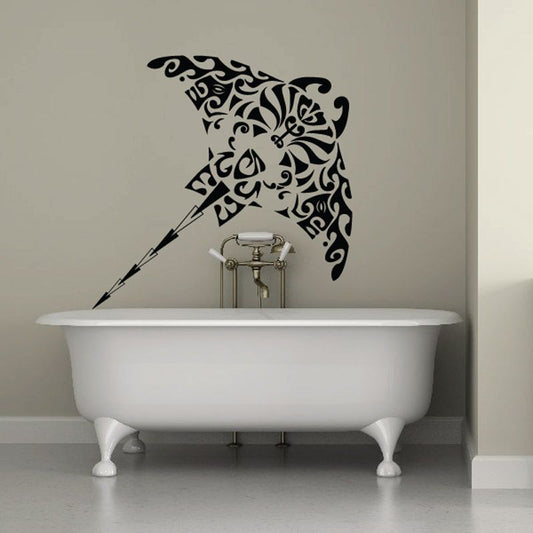 Ornate black stingray wall decal with decorative filigree and flowing tail