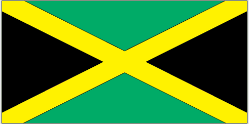 Rectangular Jamaica flag sticker with green field, gold diagonal cross, and black borders