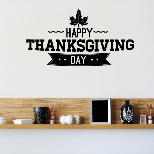 Thanksgiving day decal with HAPPY THANKSGIVING DAY text and maple leaf