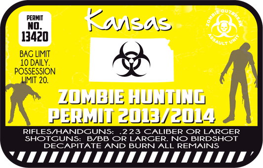Kansas zombie hunting permit sticker, yellow with black border, permit No. 13420, biohazard icon