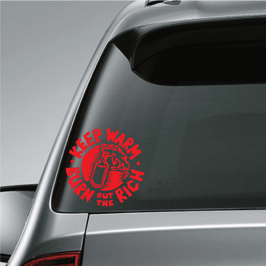 Vinyl decal on car rear window, red text with circular graphic