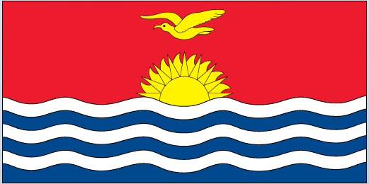 Kiribati flag sticker with red field, yellow sun, bird, and blue wavy stripes