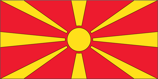 North Macedonia flag sticker with red field, yellow sun rays, and central yellow circle