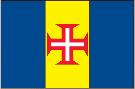 Madeira flag sticker with blue sides, yellow center stripe, red cross emblem