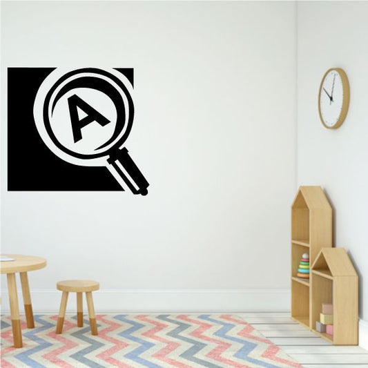 Magnifying glass decal icon with arrow symbol, black and white outline