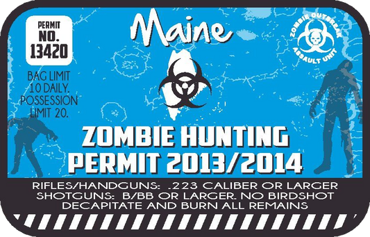 Blue Maine zombie hunting permit sticker with permit no., rules text, and graphic icon