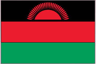 Malawi flag sticker, rectangular design with black outline, red and green bands, sun emblem.