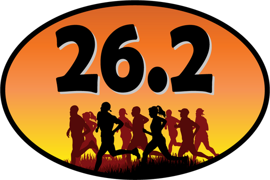 Oval 26.2 marathon sticker with orange-yellow gradient and running silhouettes