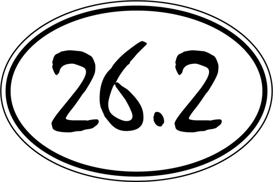 Oval marathon sticker with black “26.2” text and white background