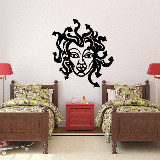 Medusa face wall decal with black flowing hair swirl design