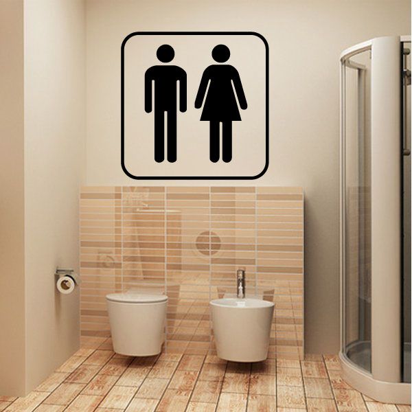 Bathroom sign decal with men and women restroom icon, black on light background