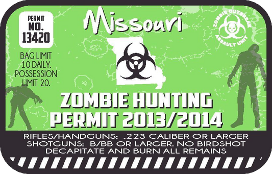 Zombie hunting permit sticker, green with Missouri text and Zombie Hunting 2013/2014