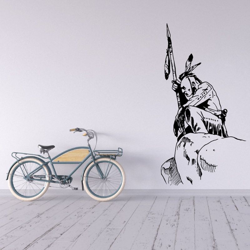 Mohawk spear feathers wall decal: black warrior figure with mohawk, feathers, spear
