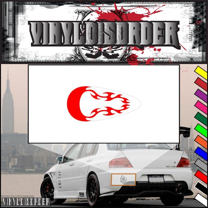 Red and white flame vinyl decal in an oval shape