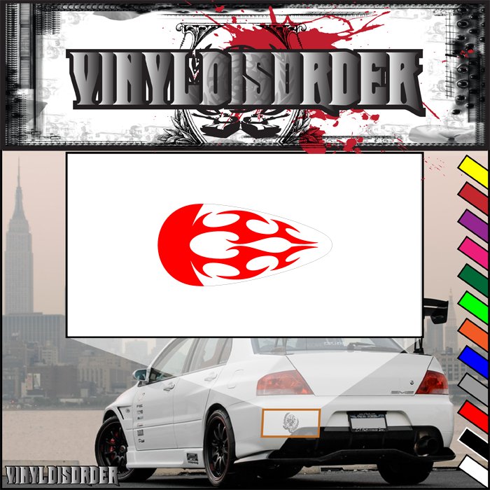 Motorcycle tank flame vinyl decal, red flame graphic on white.